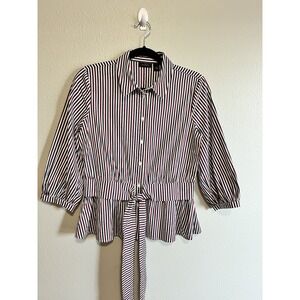 Halogen Women's Blouse Size Small S Red White Blue Striped Button Up